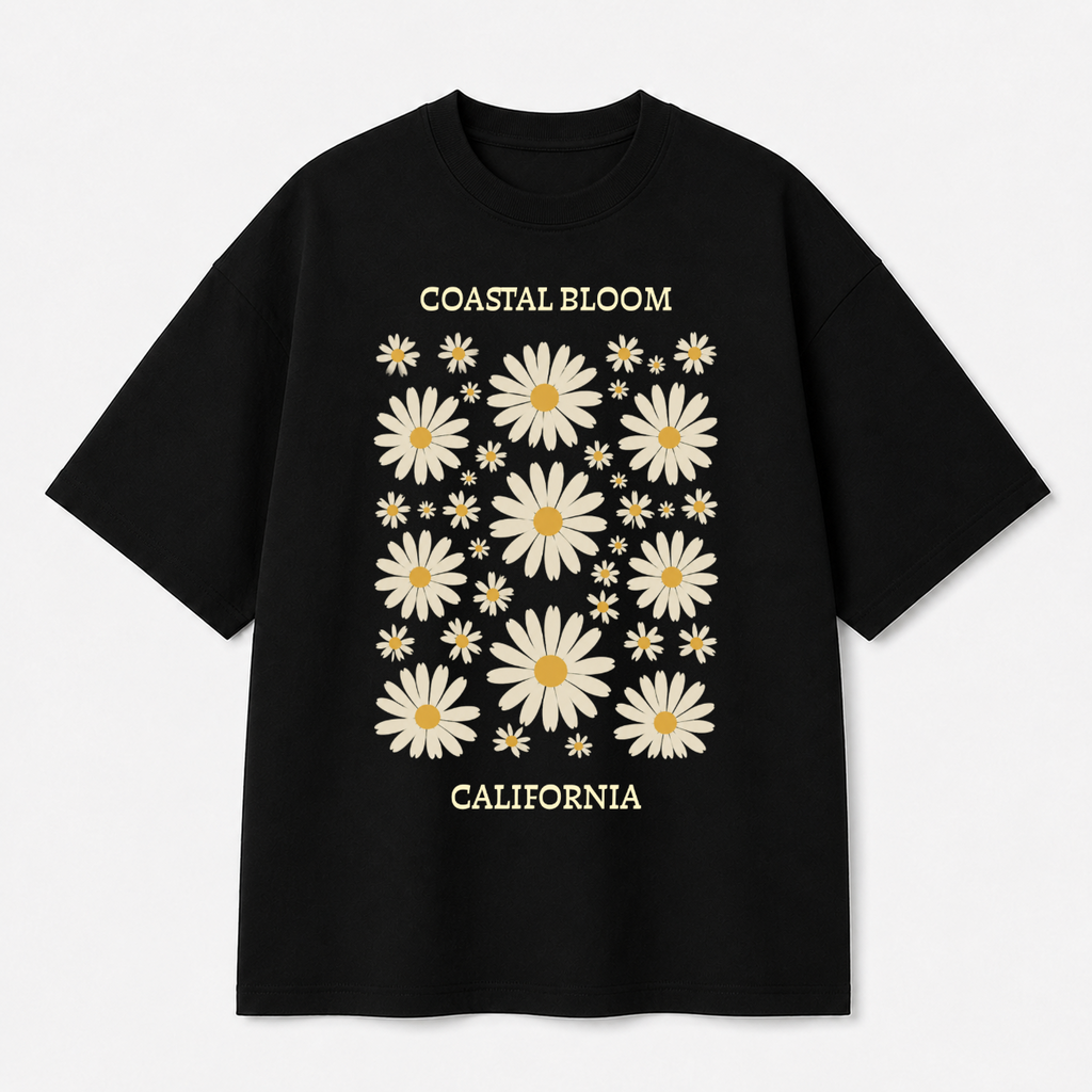 Coastal Bloom California Front Print Oversized Tee | Black