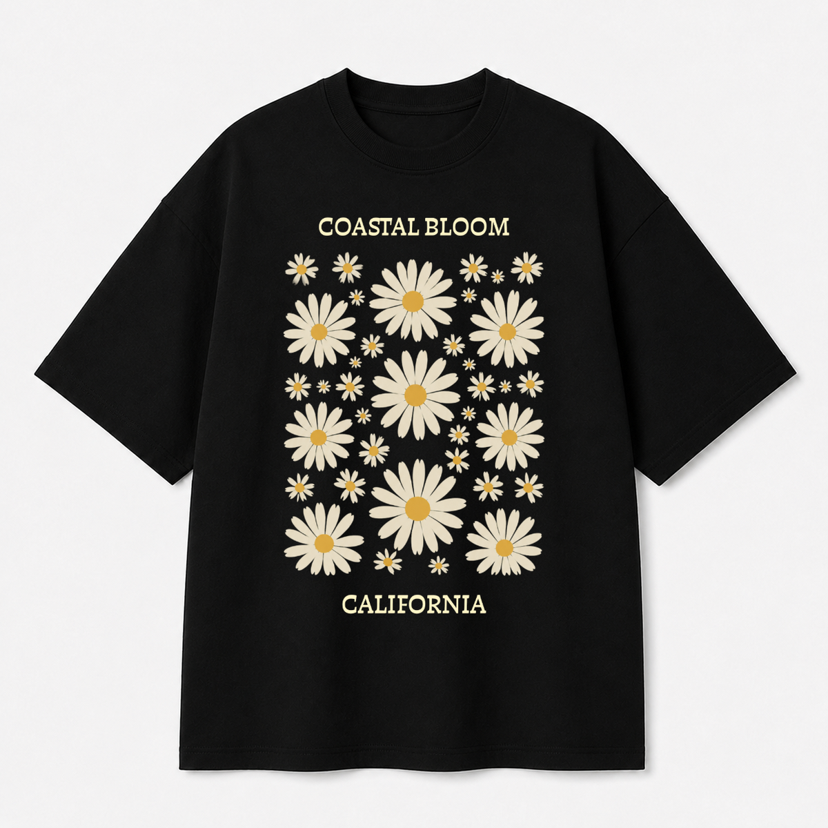 Coastal Bloom California Front Print Oversized Tee | Black