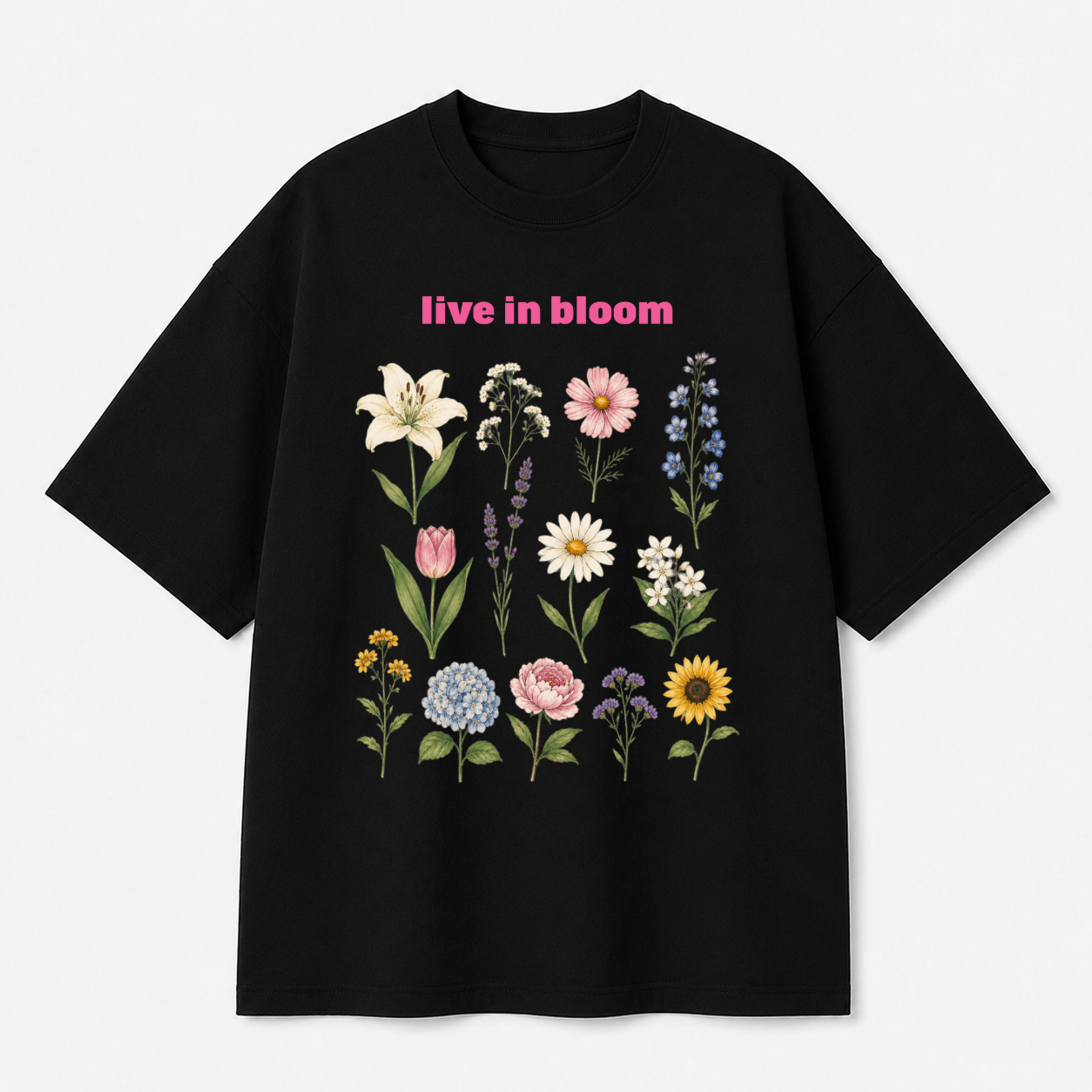 Live in Bloom Front Print Oversized Tee | Black & White