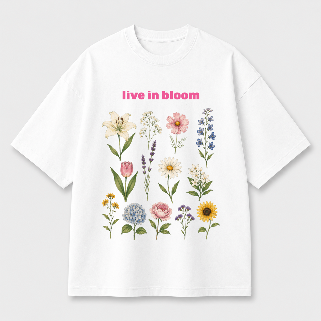 Live in Bloom Front Print Oversized Tee | Black & White