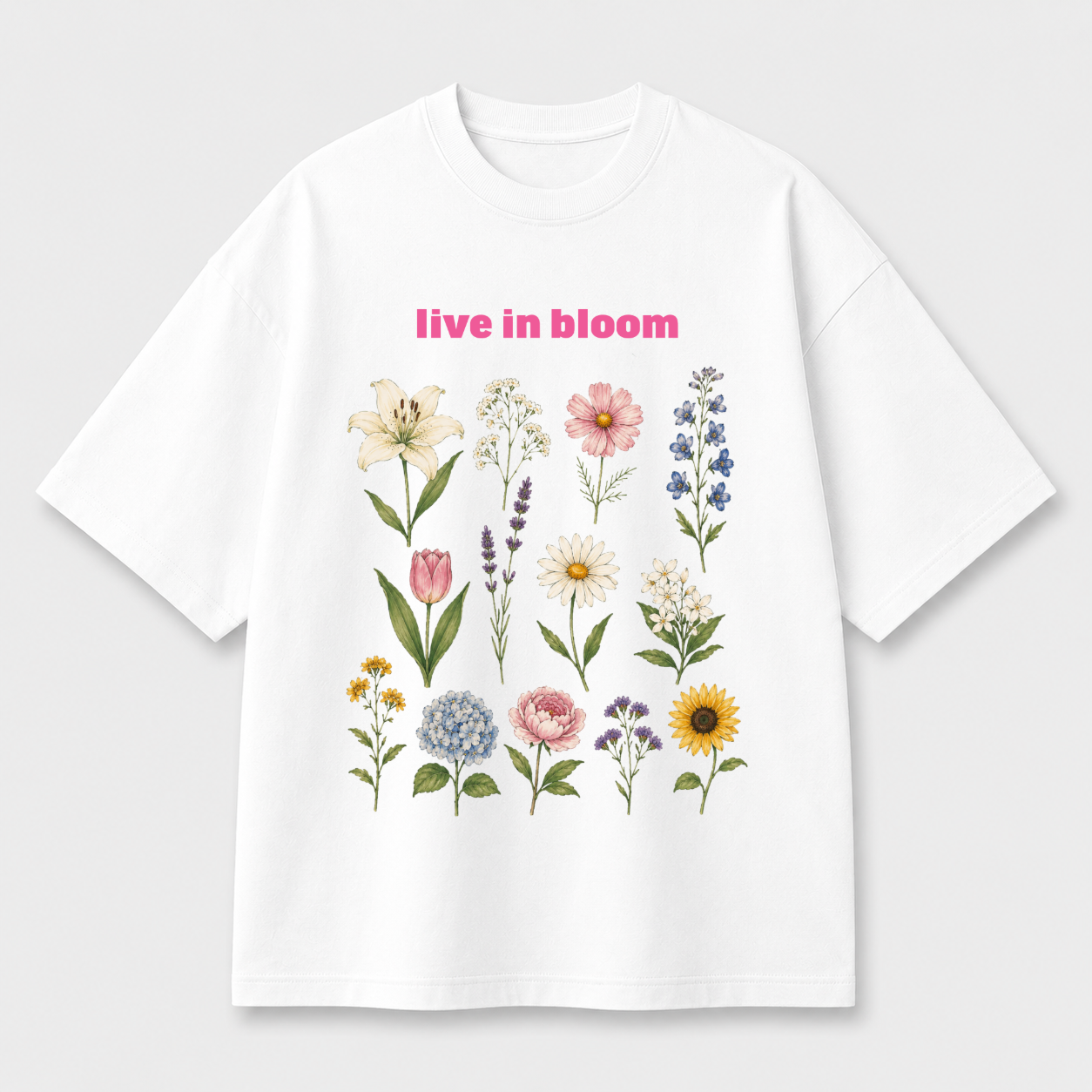 Live in Bloom Front Print Oversized Tee | Black & White
