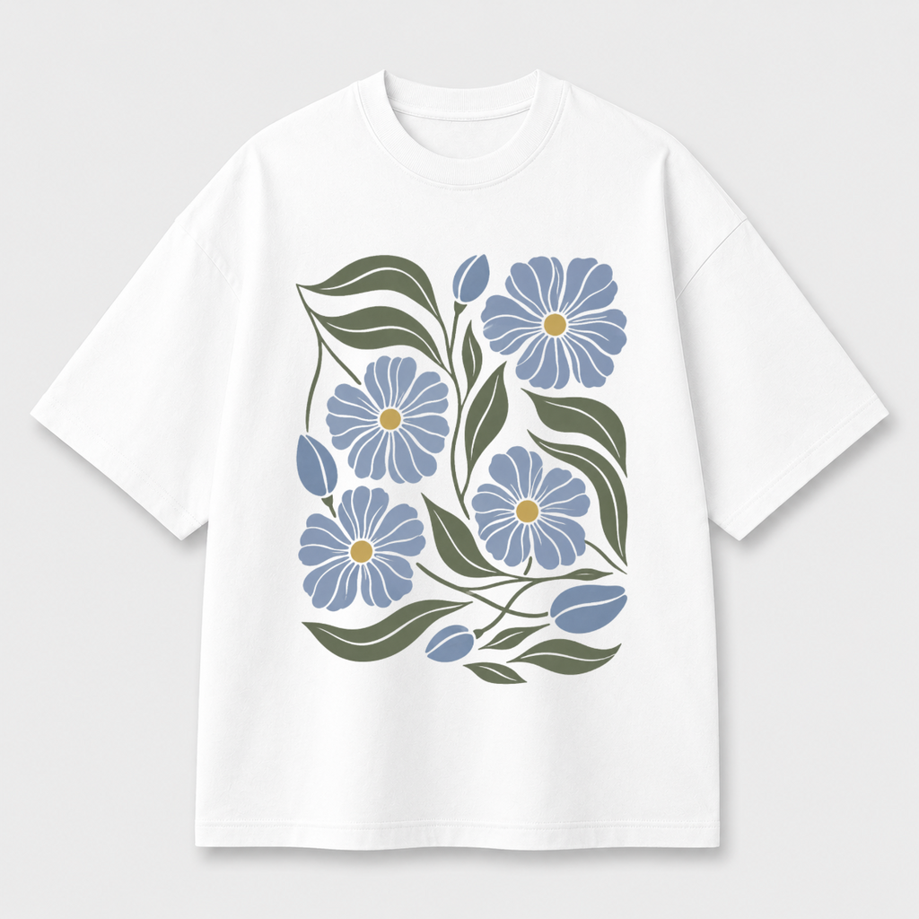 Blue Floral Front Print Oversized Tee | Black & White