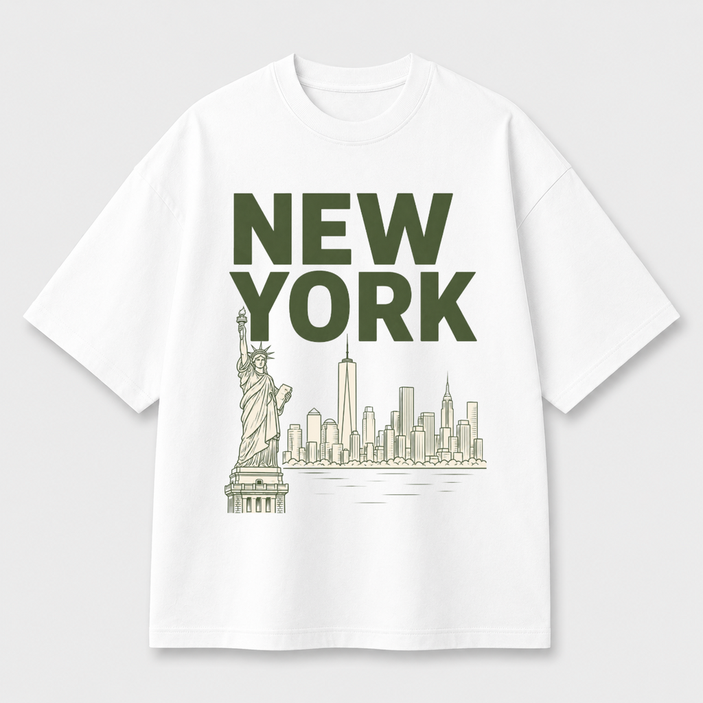 New York Skyline Front Print Oversized Tee | White