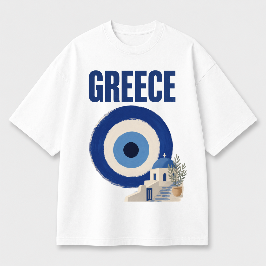 Greece Front Print Oversized Tee | Black & White