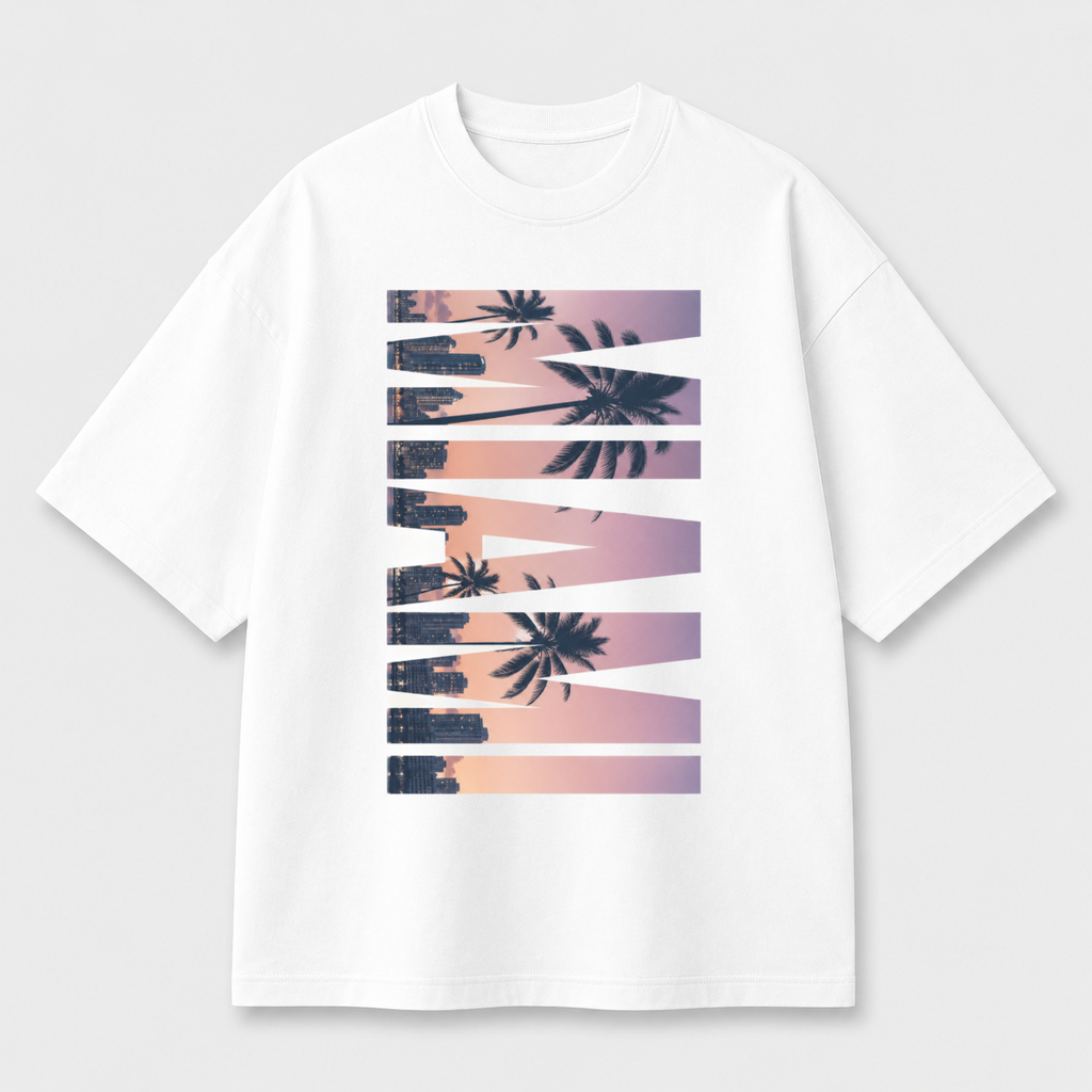Miami Sunset Front Print Oversized Tee | White