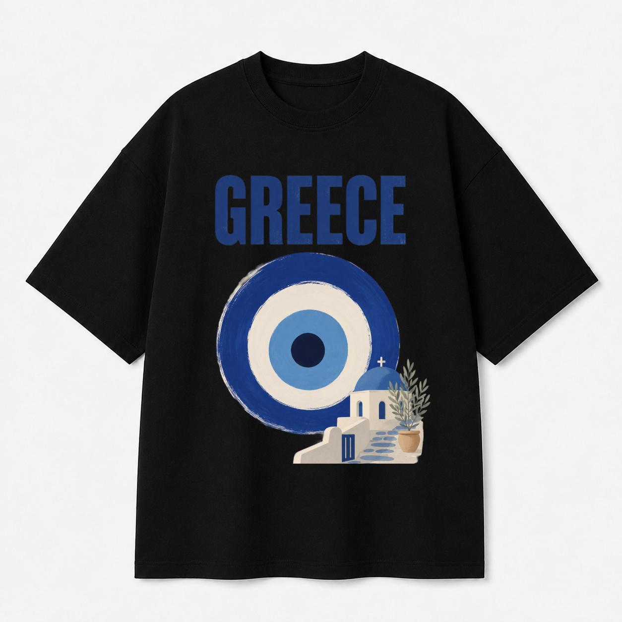 Greece Front Print Oversized Tee | Black & White
