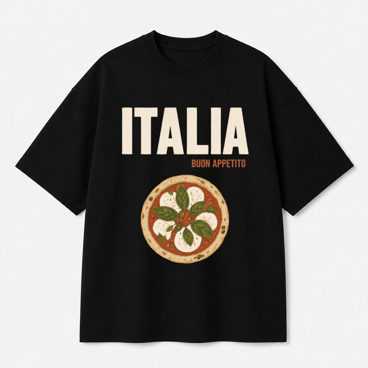 Italia Pizza Front Print Oversized Tee | Black