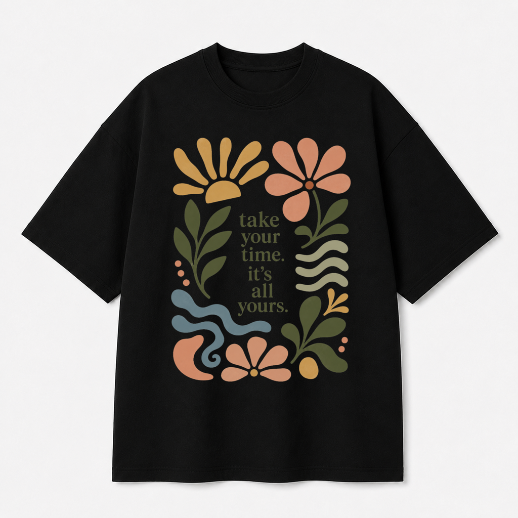 Take Your Time Front Print Oversized Tee | Black & White