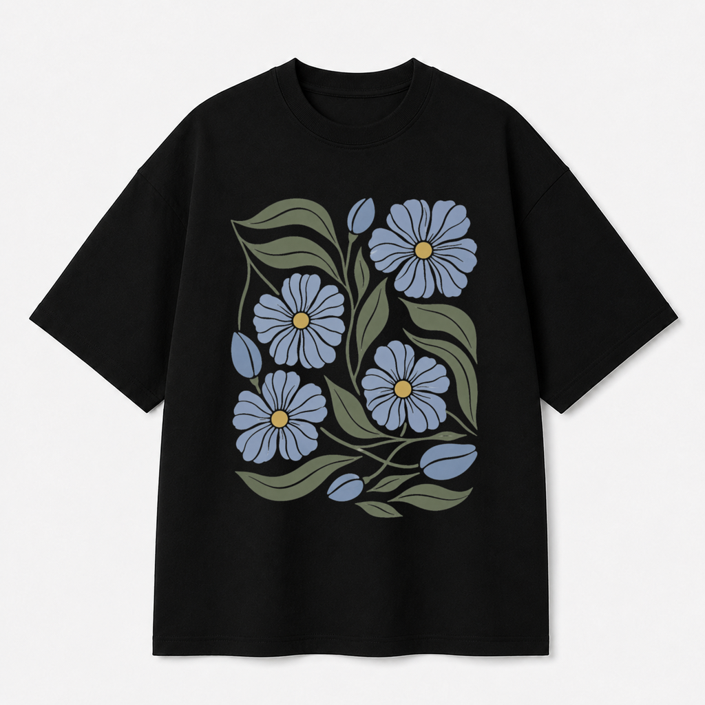 Blue Floral Front Print Oversized Tee | Black & White
