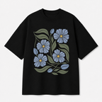 Blue Floral Front Print Oversized Tee | Black & White