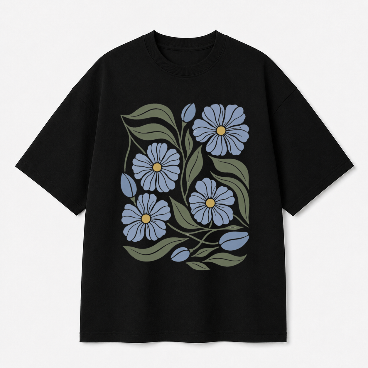 Blue Floral Front Print Oversized Tee | Black & White