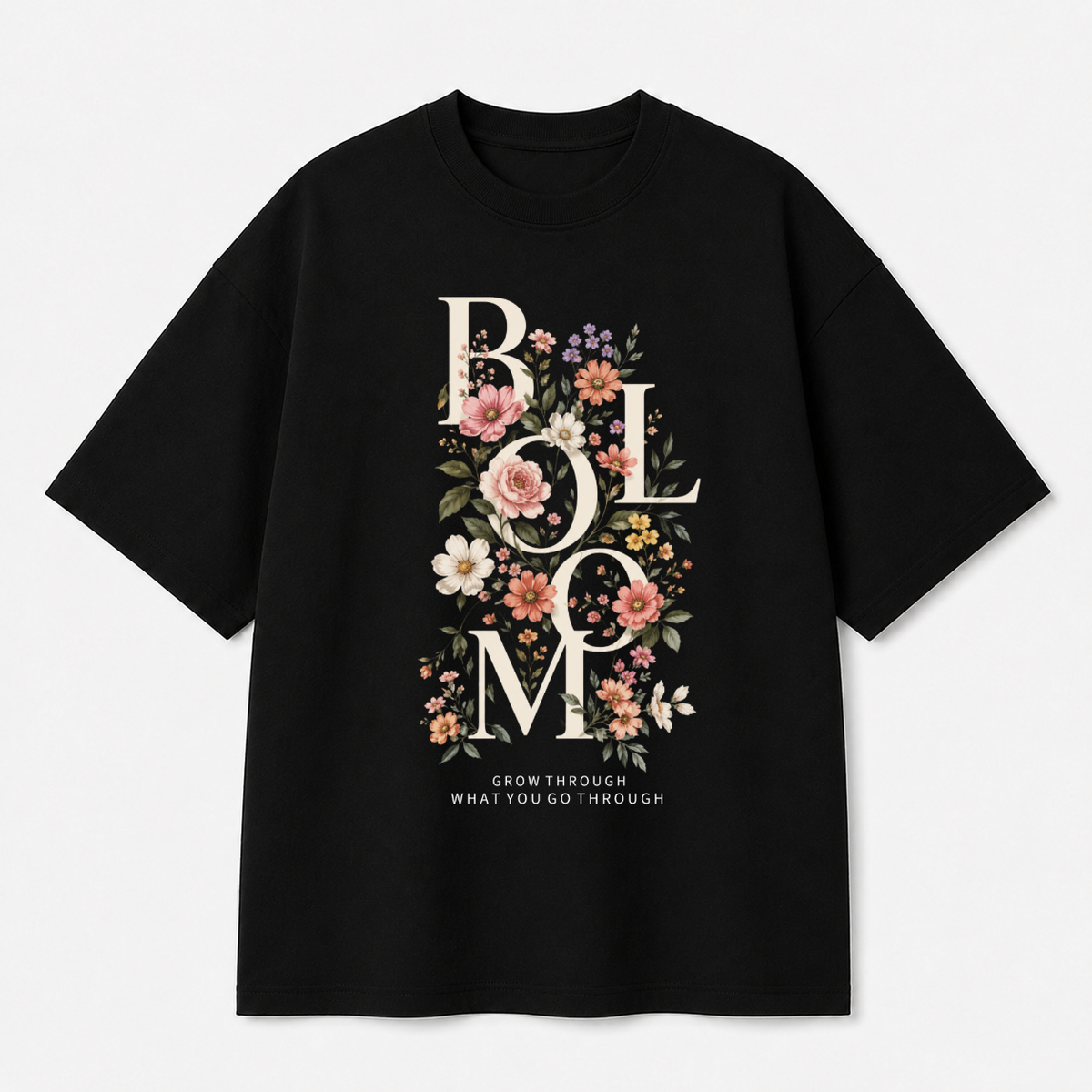 Bloom Floral Front Print Oversized Tee | Black