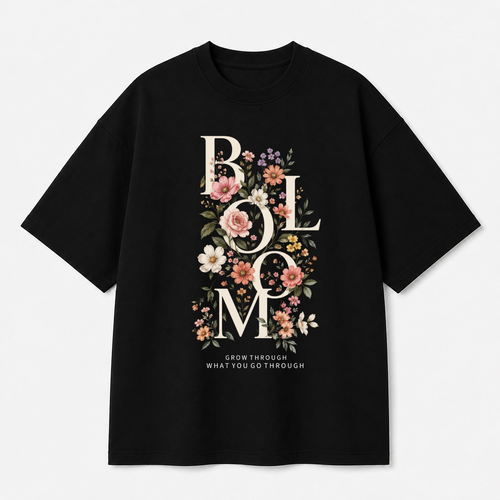 Bloom Floral Front Print Oversized Tee | Black