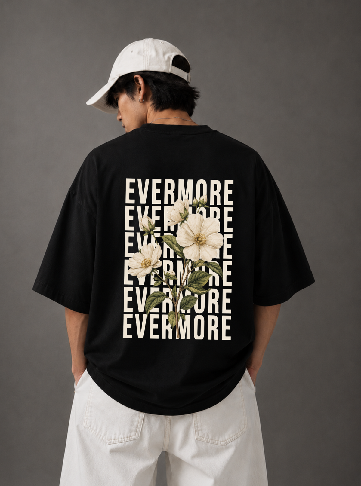 Evermore Floral Back Print Oversized Tee | Black & White