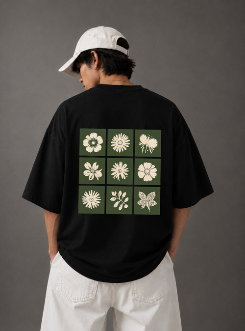 Botanical Grid Back Print Oversized Tee | Black & White