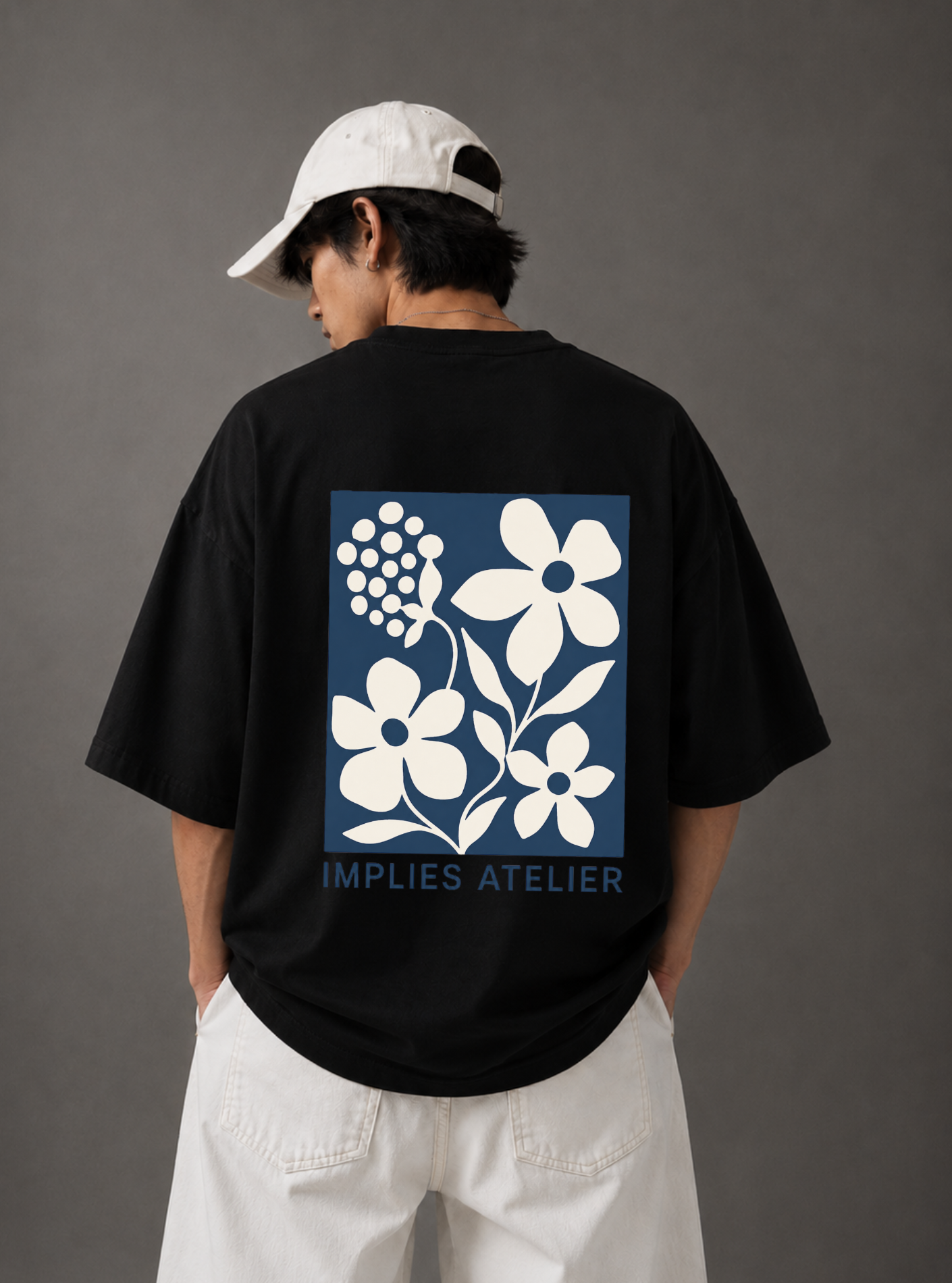 Implies Atelier Signature Floral Back Print Oversized Tee | Black & White
