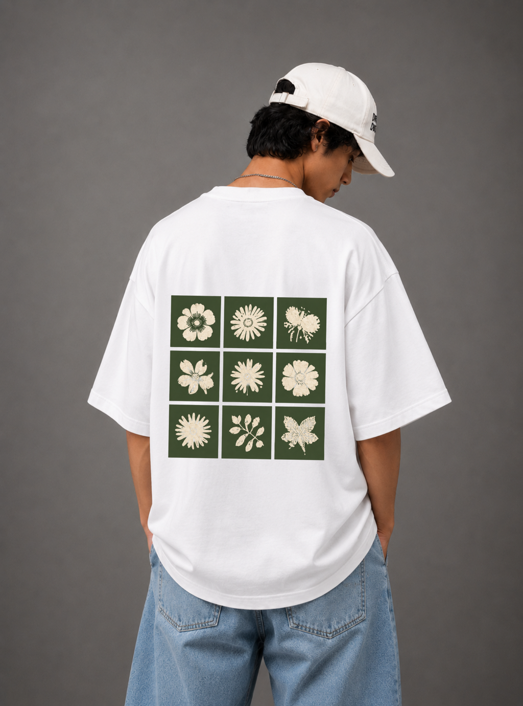 Botanical Grid Back Print Oversized Tee | Black & White