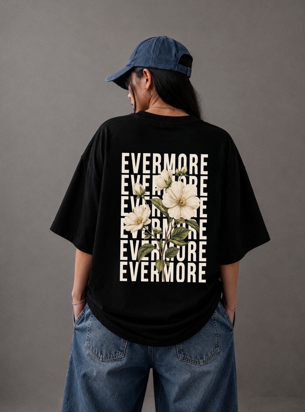 Evermore Floral Back Print Oversized Tee | Black & White
