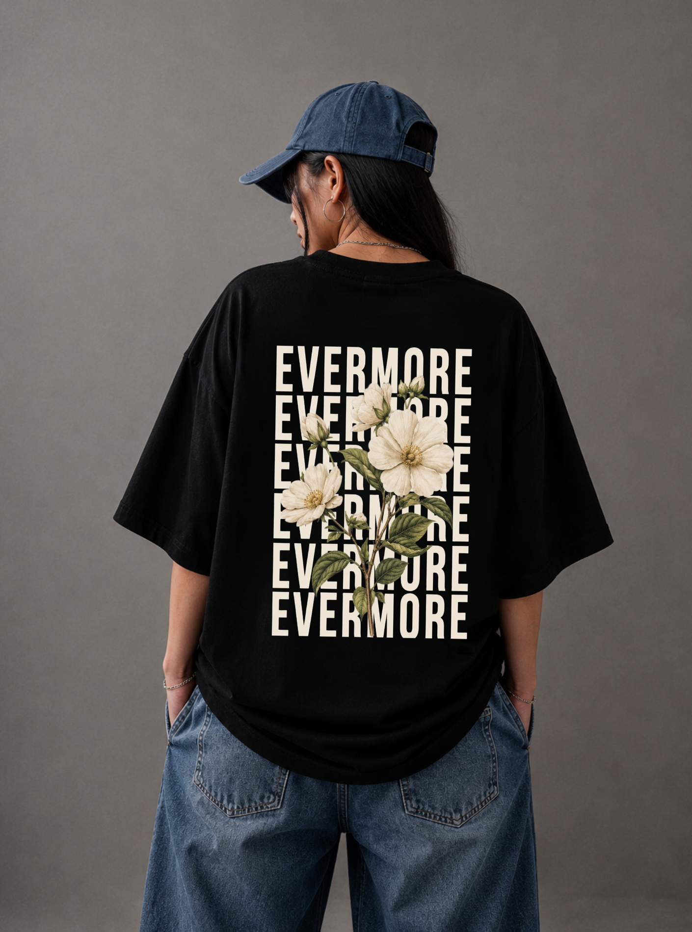 Evermore Floral Back Print Oversized Tee | Black & White