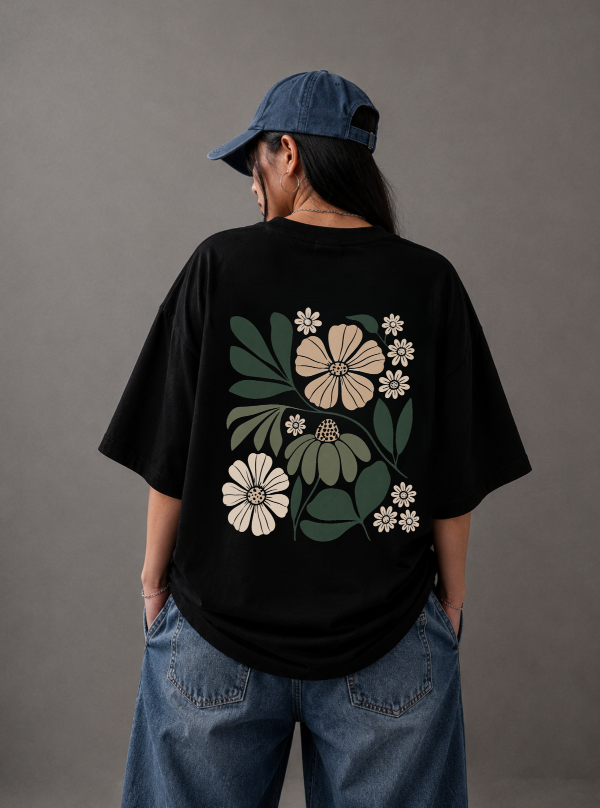 Botanical Garden Back Print Oversized Tee | Black & White