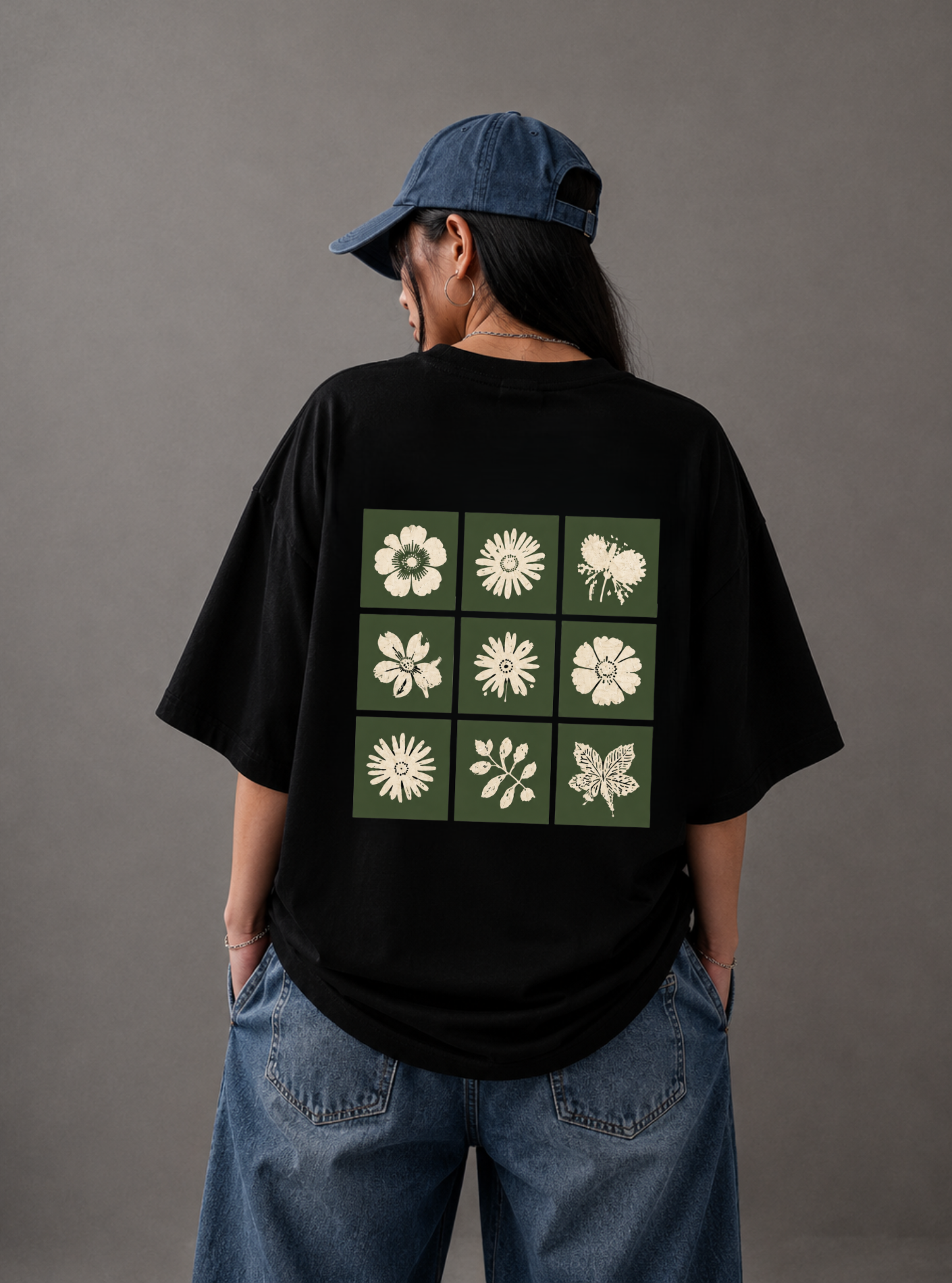 Botanical Grid Back Print Oversized Tee | Black & White