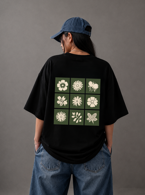 Botanical Grid Back Print Oversized Tee | Black & White