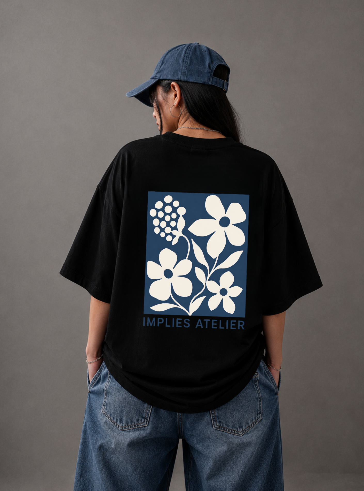 Implies Atelier Signature Floral Back Print Oversized Tee | Black & White