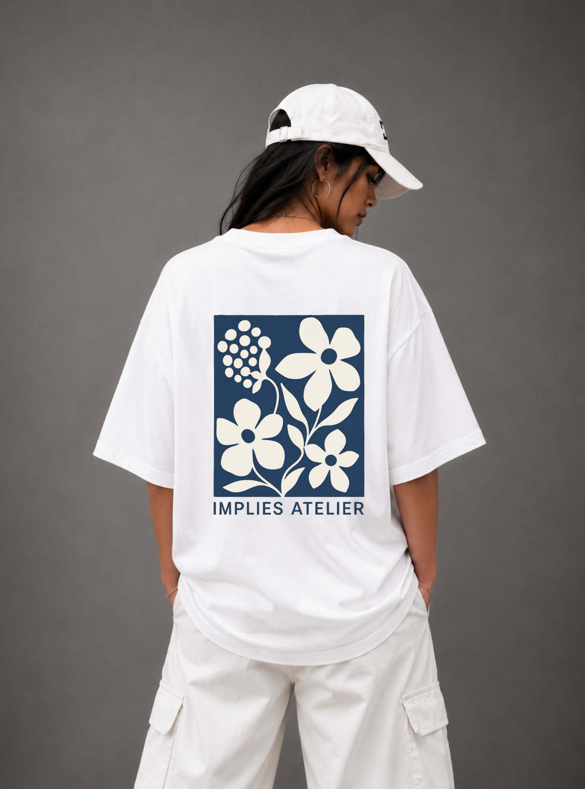 Implies Atelier Signature Floral Back Print Oversized Tee | Black & White