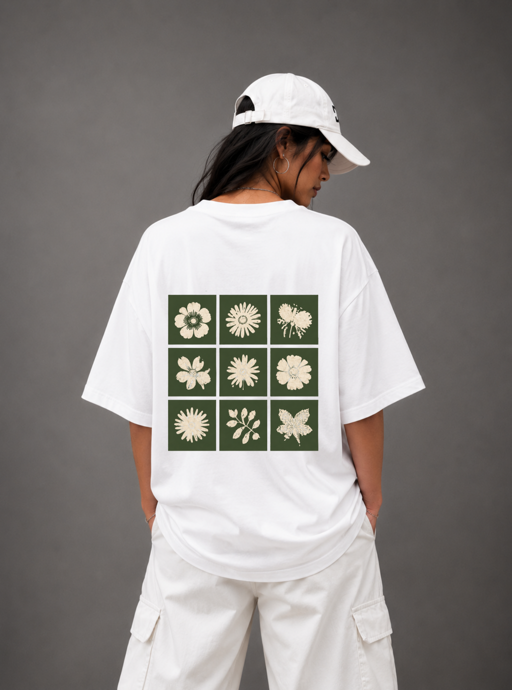Botanical Grid Back Print Oversized Tee | Black & White