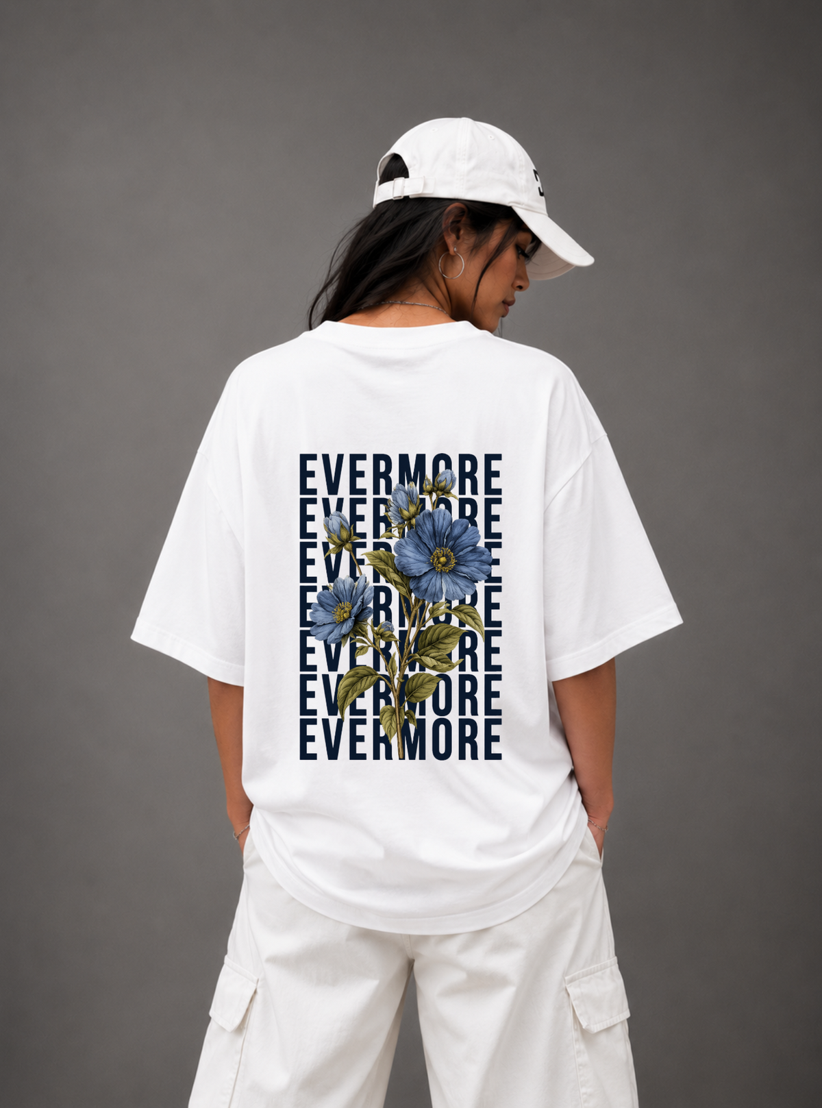 Evermore Floral Back Print Oversized Tee | Black & White