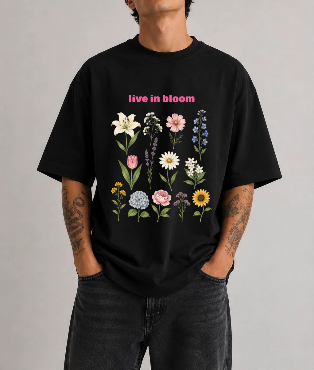 Live in Bloom Front Print Oversized Tee | Black & White