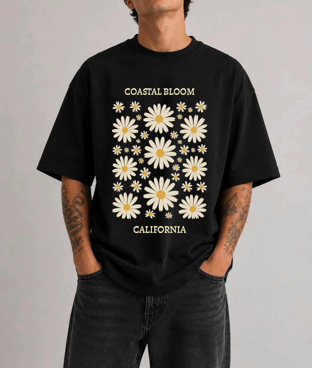 Coastal Bloom California Front Print Oversized Tee | Black