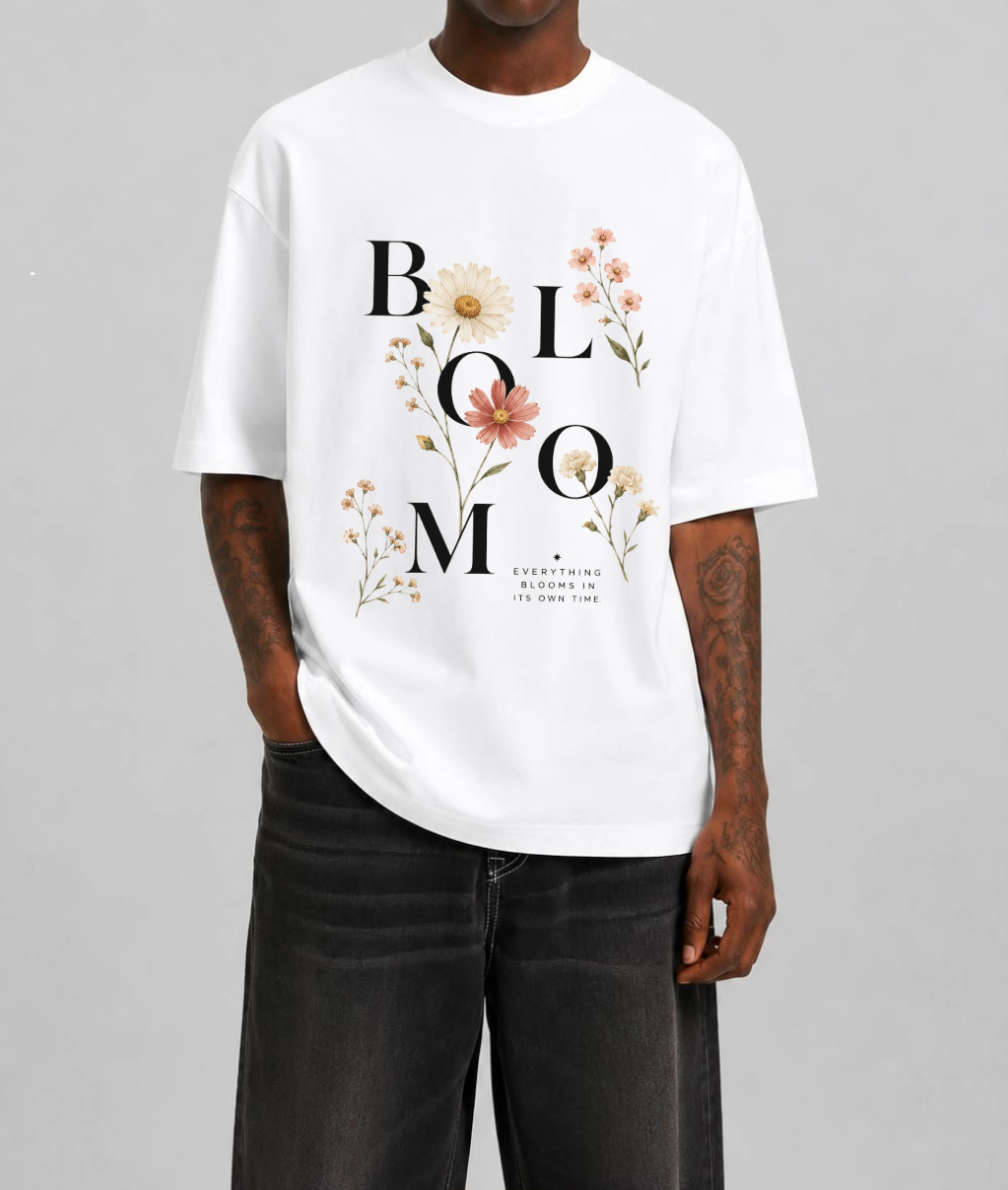 Bloom Typography Front Print Oversized Tee | White