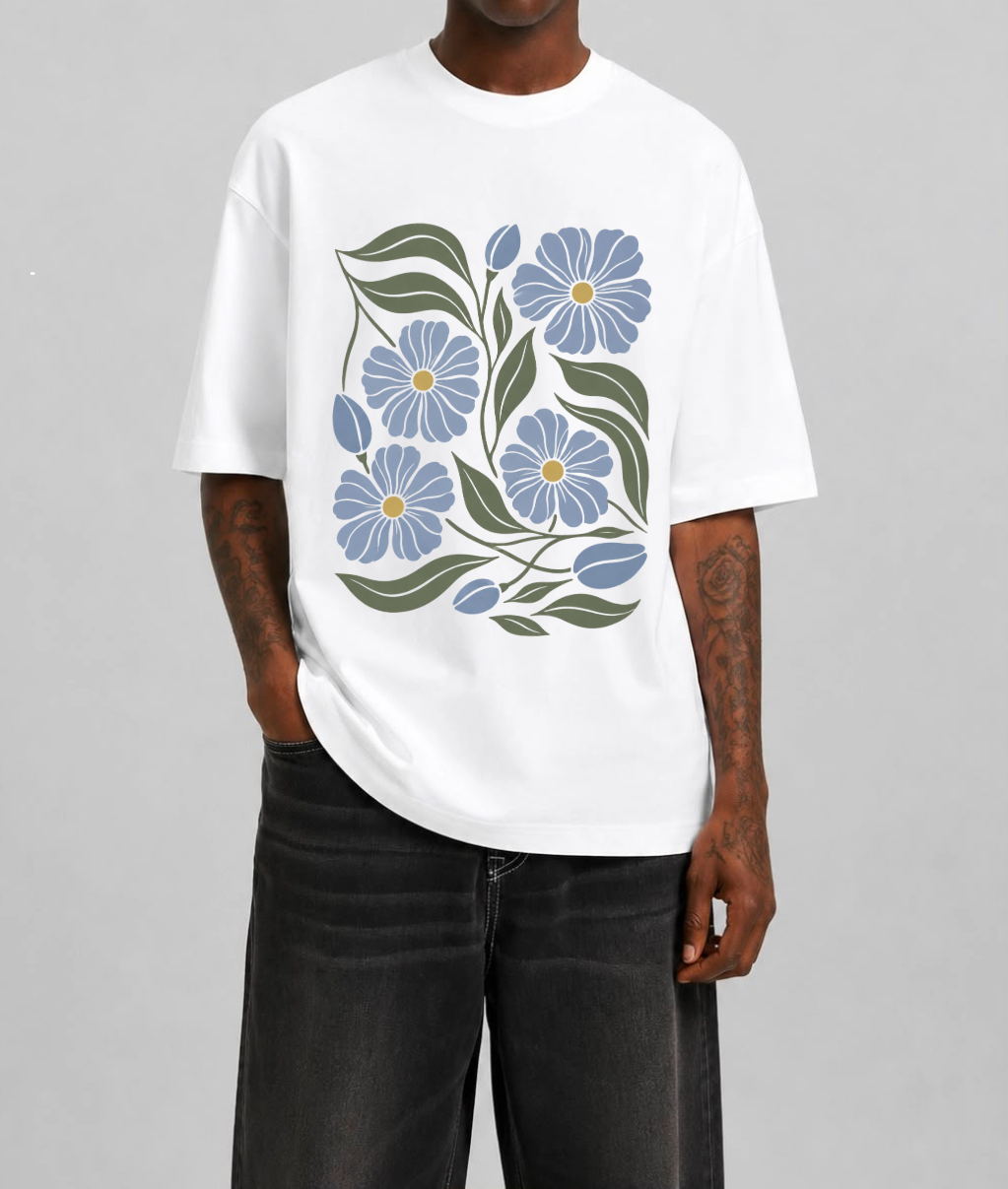 Blue Floral Front Print Oversized Tee | Black & White