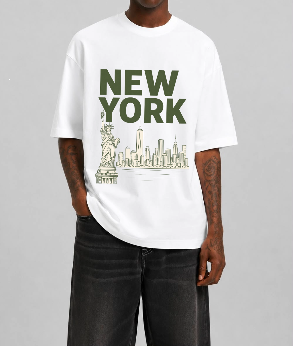 New York Skyline Front Print Oversized Tee | White