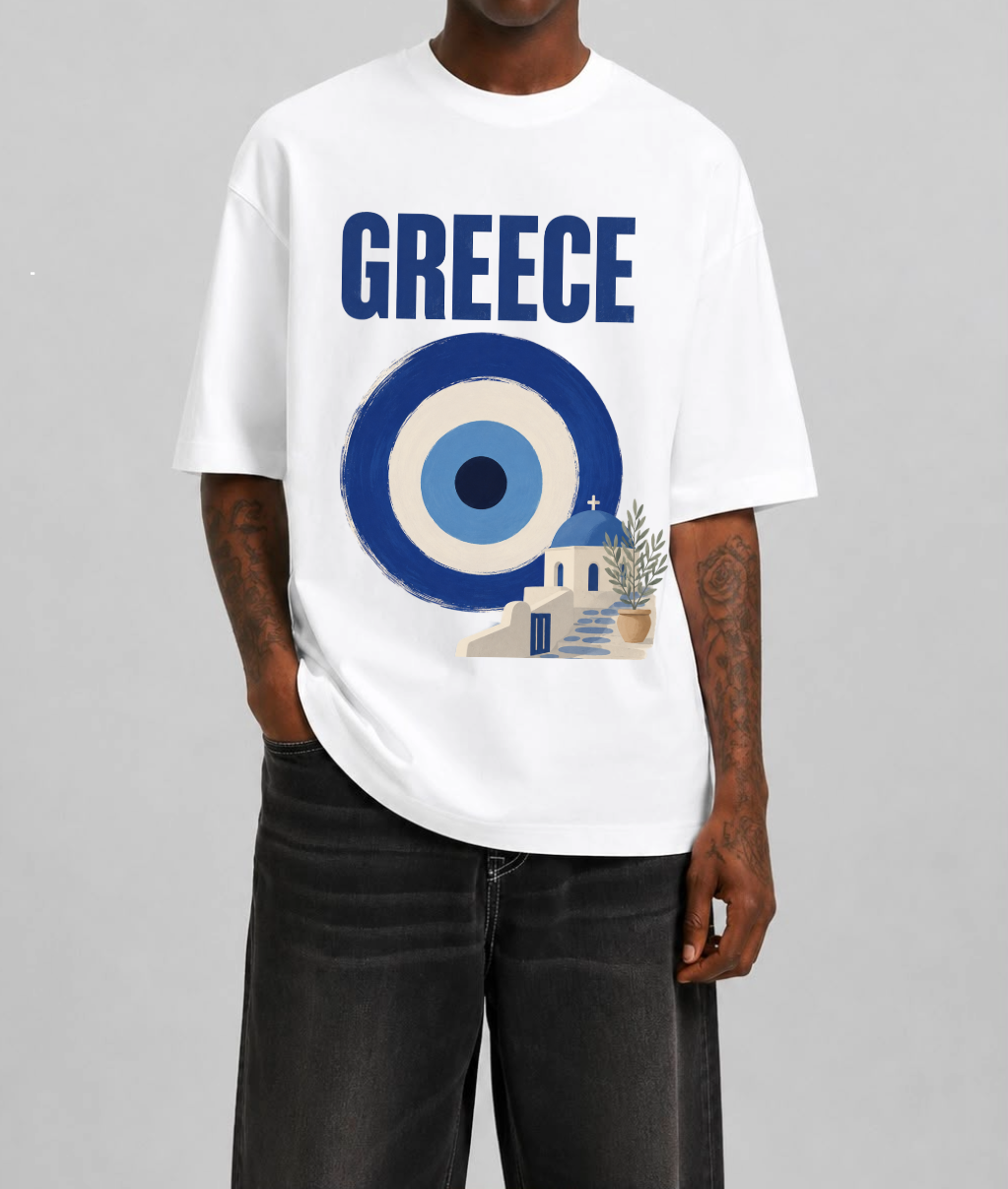 Greece Front Print Oversized Tee | Black & White