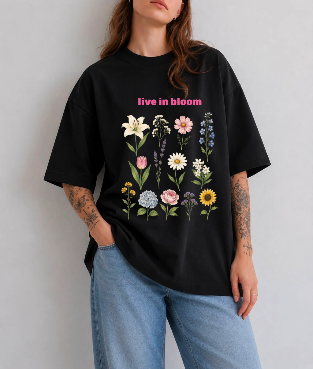 Live in Bloom Front Print Oversized Tee | Black & White