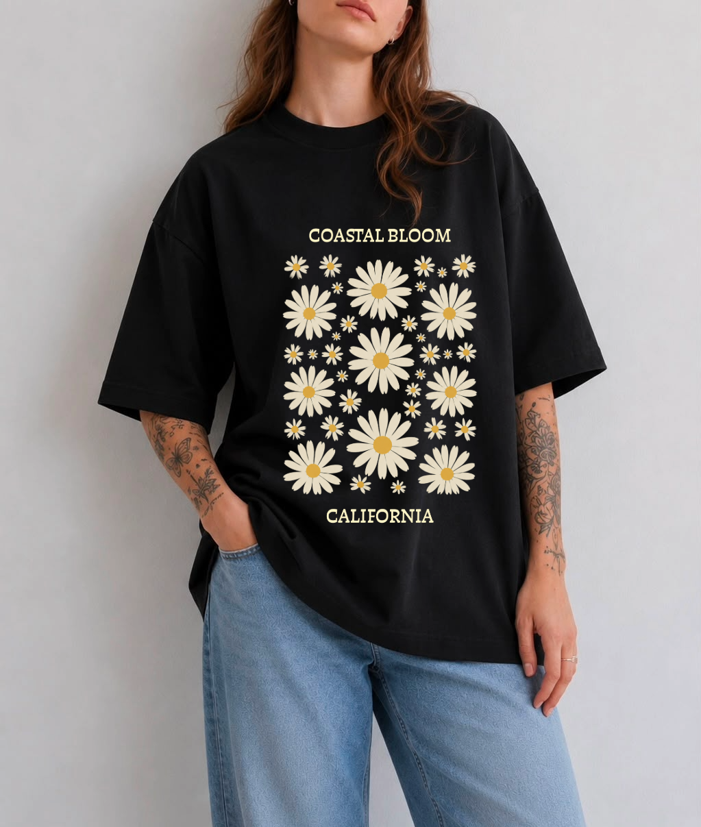 Coastal Bloom California Front Print Oversized Tee | Black
