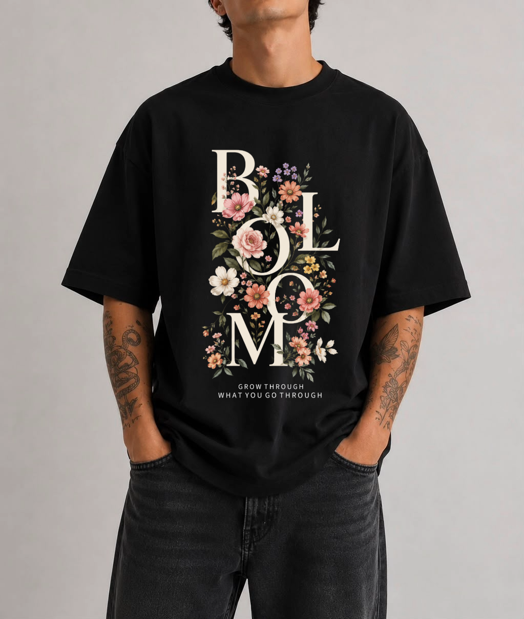 Bloom Floral Front Print Oversized Tee | Black