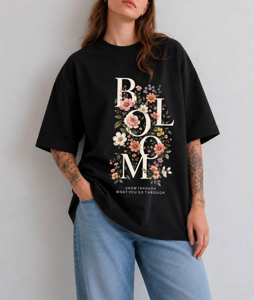 Bloom Floral Front Print Oversized Tee | Black