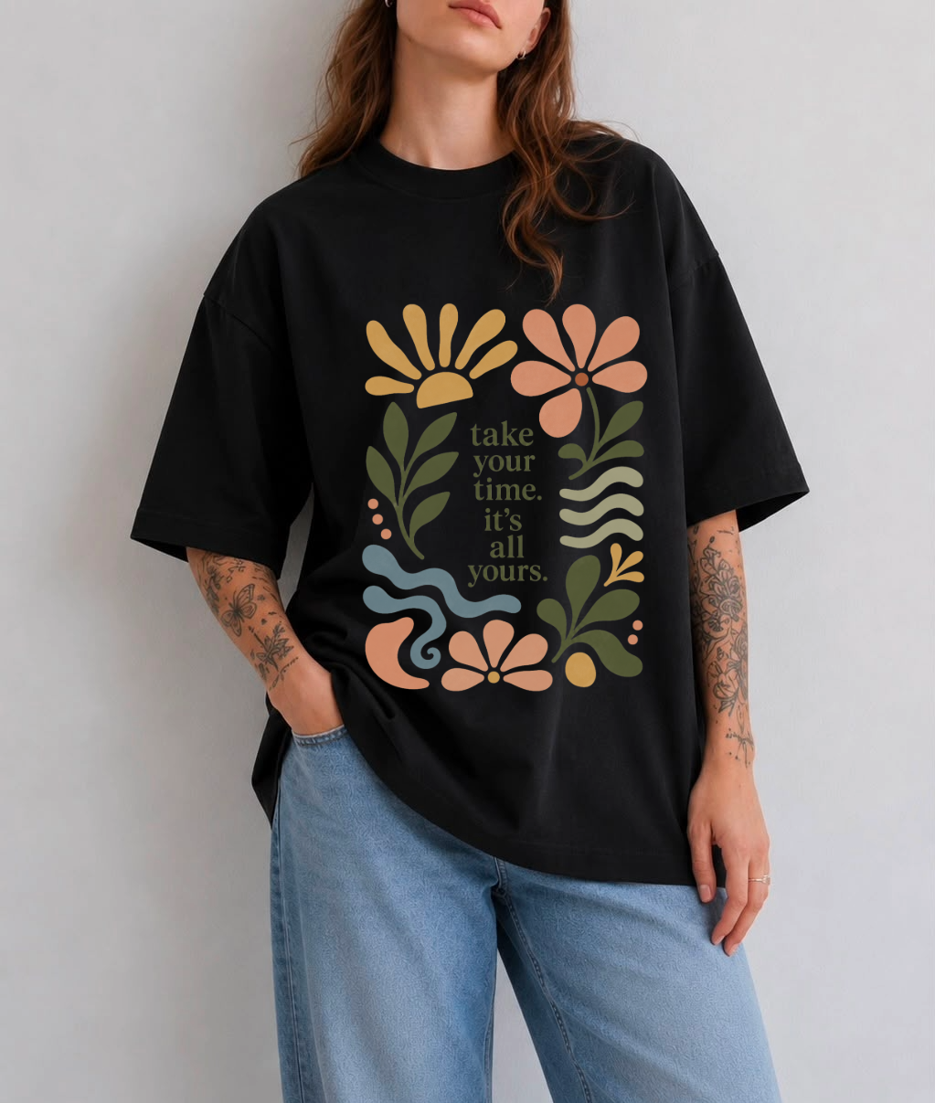 Take Your Time Front Print Oversized Tee | Black & White