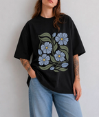 Blue Floral Front Print Oversized Tee | Black & White