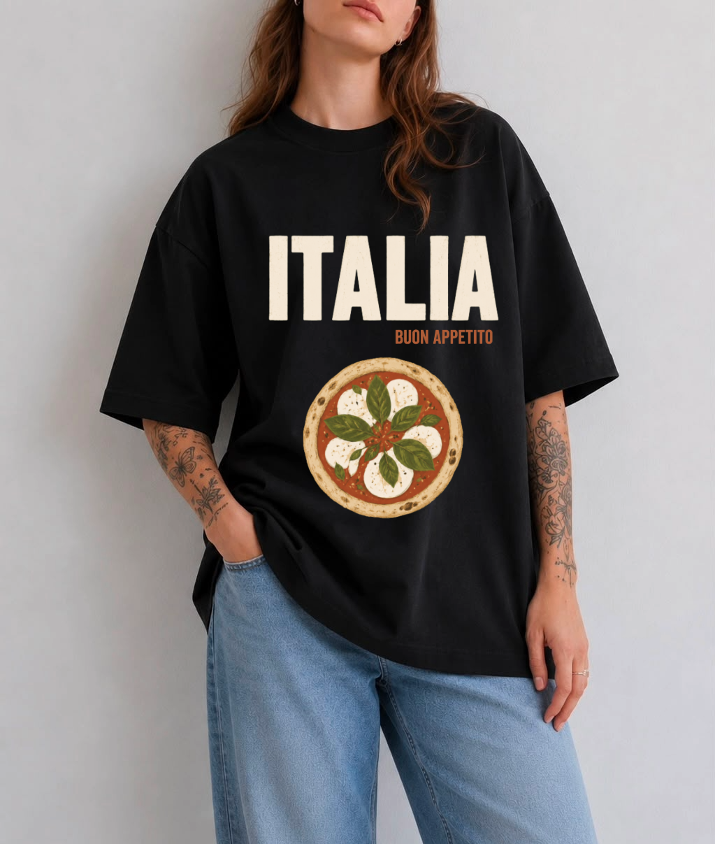 Italia Pizza Front Print Oversized Tee | Black