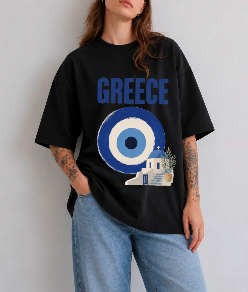 Greece Front Print Oversized Tee | Black & White