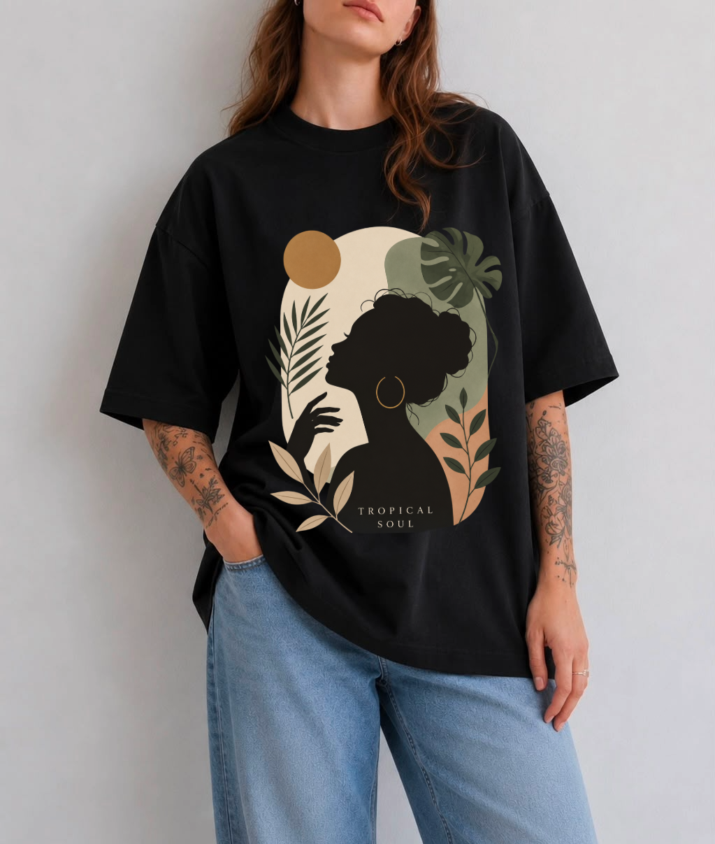 Tropical Soul Front Print Oversized Tee | Black & White