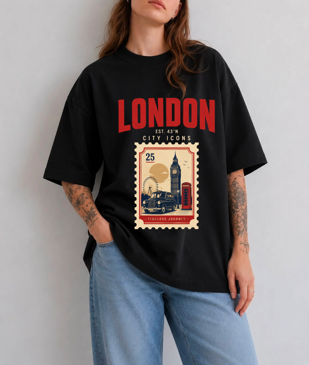 London City Icons Front Print Oversized Tee – Black / White