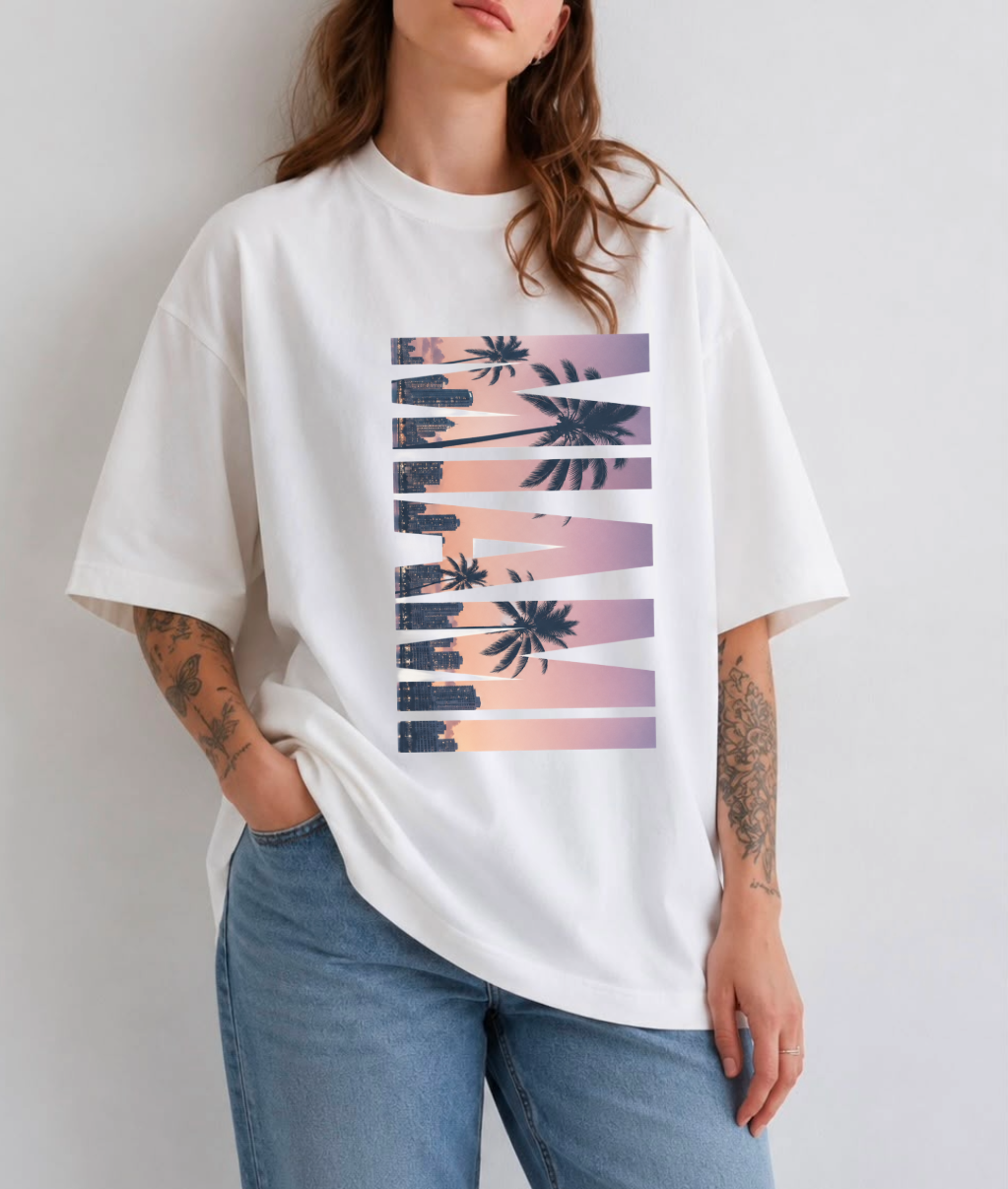 Miami Sunset Front Print Oversized Tee | White