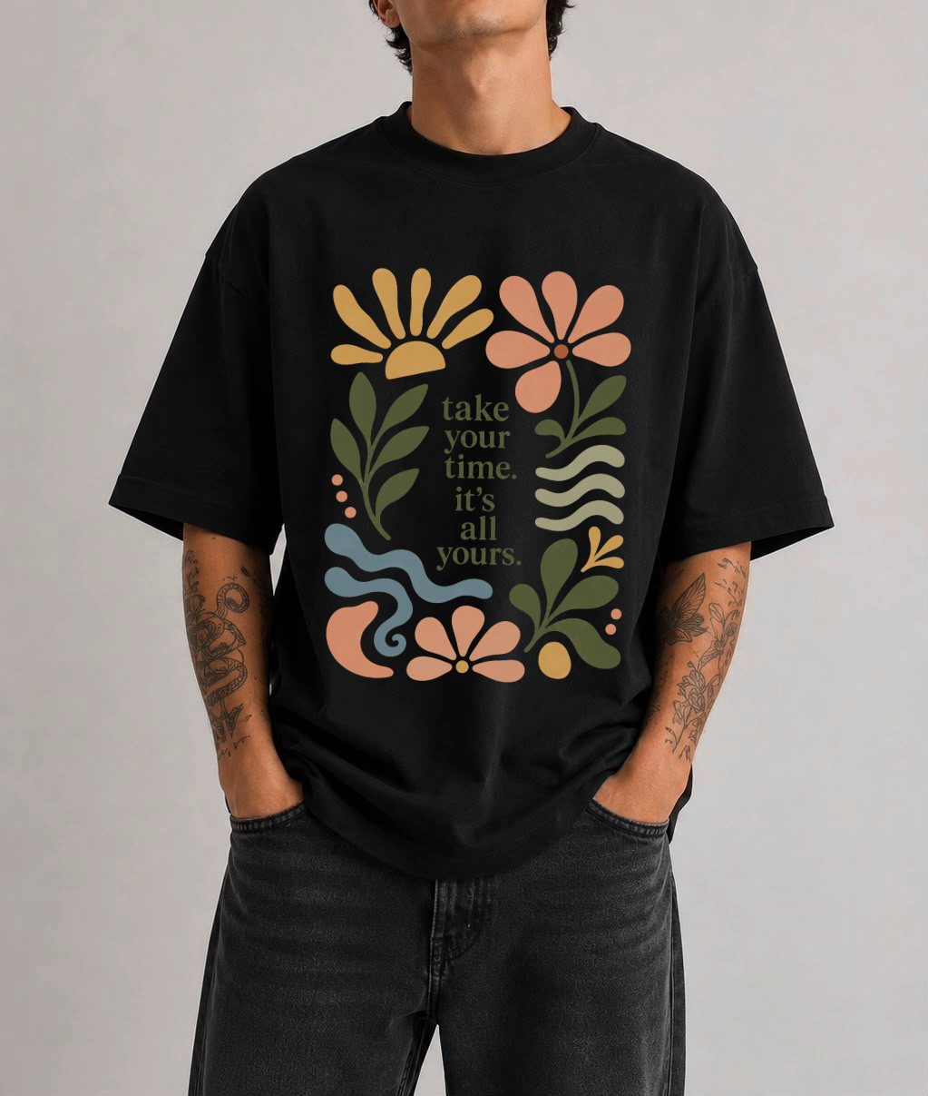 Take Your Time Front Print Oversized Tee | Black & White