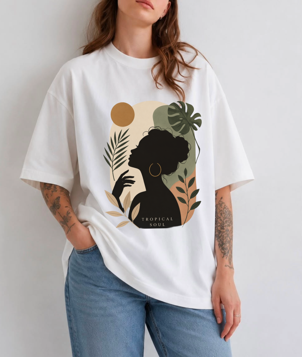 Tropical Soul Front Print Oversized Tee | Black & White