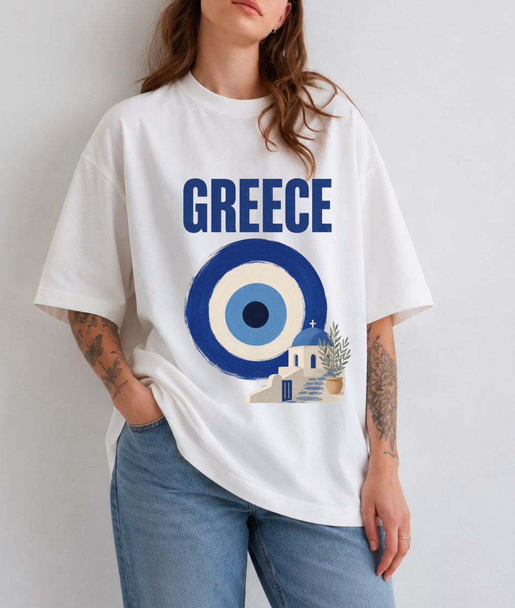 Greece Front Print Oversized Tee | Black & White